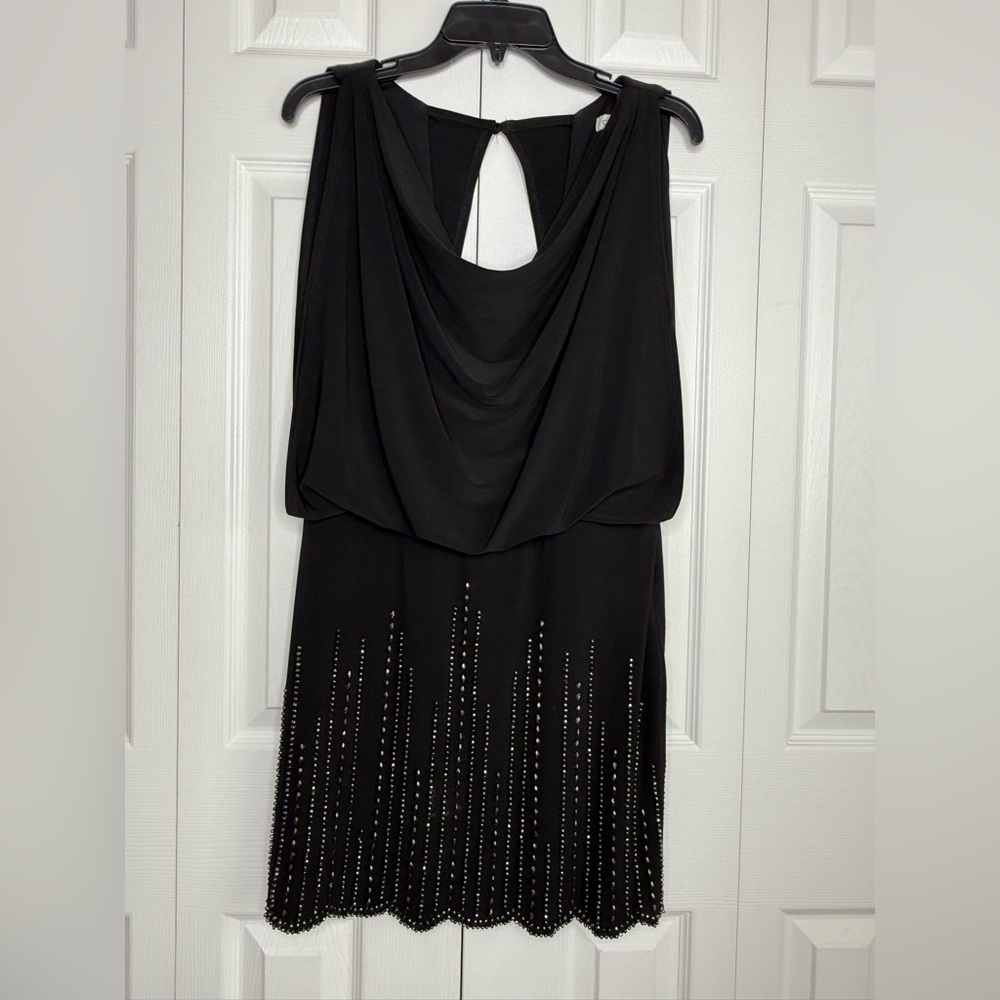 Cache Cocktail Dress Black Beaded Cutout Back Draped Neckline Sleeveless Sz 6